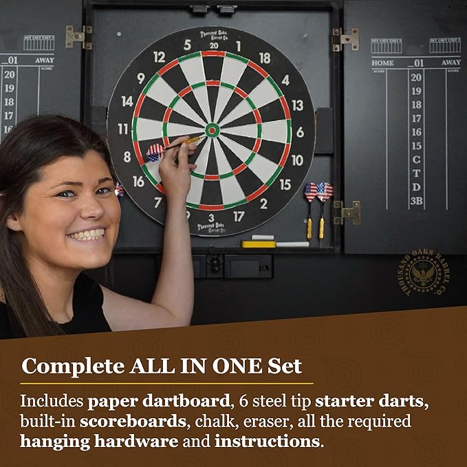 THOUSAND OAKS BARREL CO. | Personalized Dartboard & Cabinet Set with 6 Steel Tip Darts