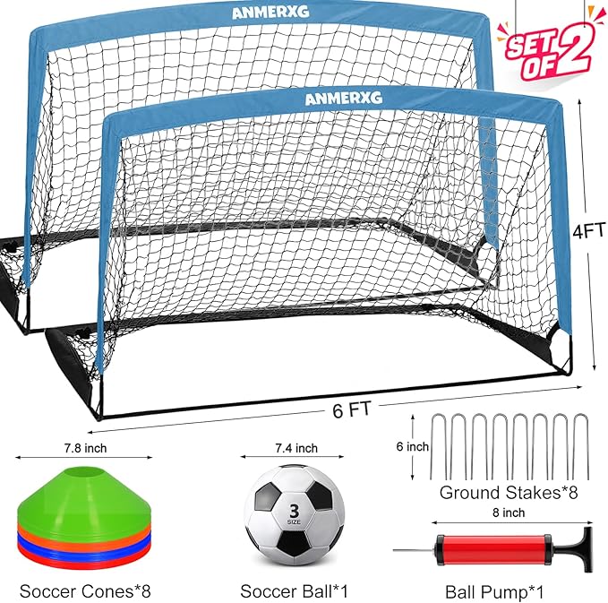 6x4FT Kids Soccer Goal for Backyard Set Portable Soccer Goal with Ball Pump and Cones Soccer Net Set of 2 Training Equipment Outdoor Sports Gift