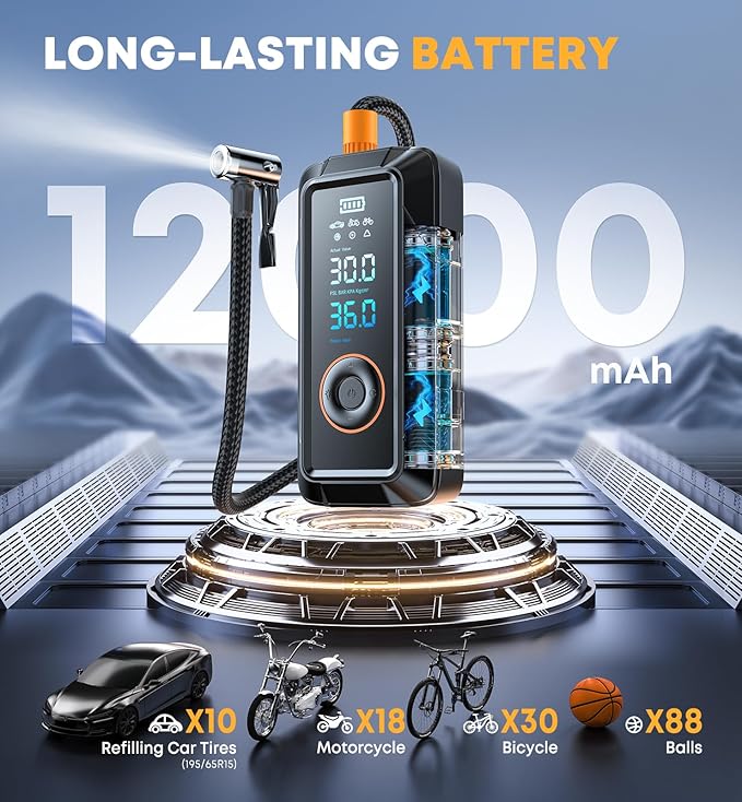 Tire Inflator Portable Air Compressor 160PSI 5X Faster Portable Cordless Inflator Air Bike Pump with Pressure Gauge Auto Shutoff Function Air Compressor Tires Pump for Cars Motorcycles Bikes Balls