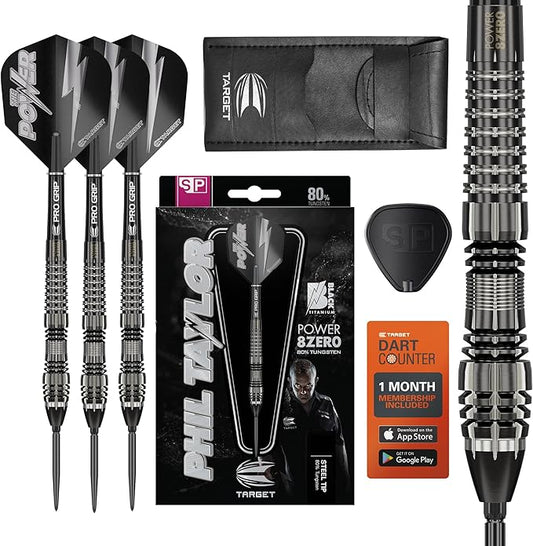 TARGET Darts Phil Taylor Power 8-Zero 4 Black Steel Tip Darts, 80% Tungsten Dart Set, P8Z4, 21G/23G/25G | Player Edition Darts with Swiss Point Tips or Fixed Points | Black Darts Case Included