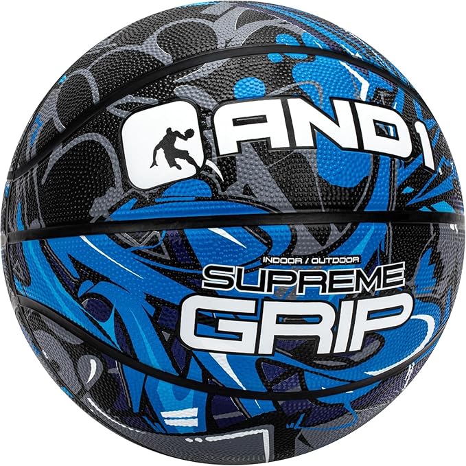 AND1 Supreme Grip Official Regulation Size 7 (29.5 inches) Rubber Basketball - Deep Channel Construction Streetball, Made for Indoor Outdoor Games