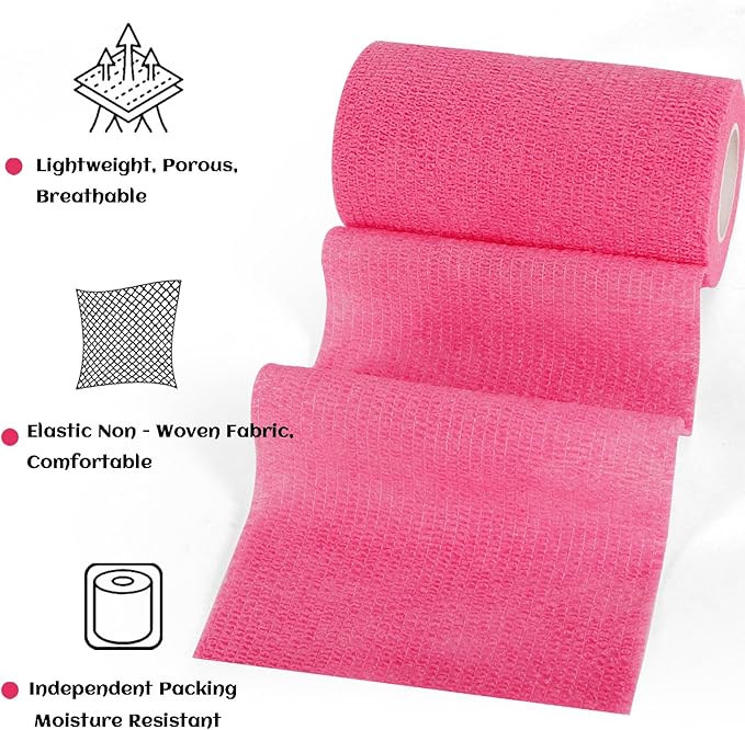 6 Rolls Elastic Self Adhesive Bandage Wrap 4 Inch, Breathable Non Woven Cohesive Bandage, Vet Wrap for Dogs, Ankle Sprains Swelling Medical First Aid Tape, Sports Athletic Tape Hot Pink