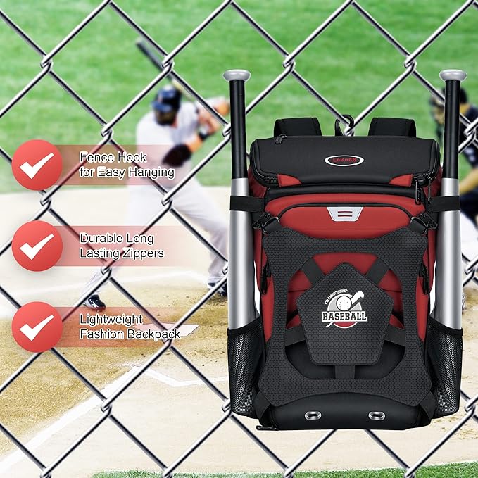 Baseball Backpack for Adult and Youth, Large Capacity Lightweight Softball Bag With Shoe Compartment and Fence Hook for TBall Bat & Equipment, Waterproof for Helmet, Gloves