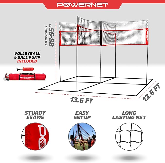 PowerNet Four Square Volleyball Net, Fun New Game, Play at The Park or Beach, 2 Versions