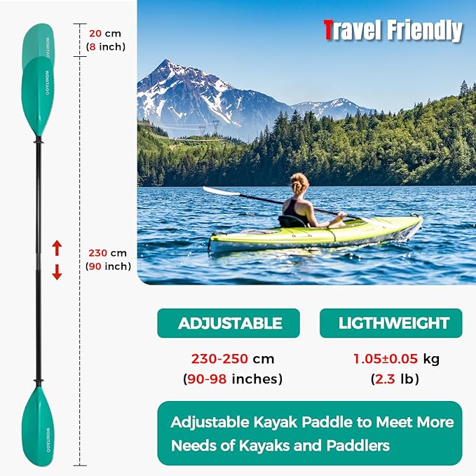 Kayak Paddle with Fiberglass Shaft and Reinforced Nylon Blade, Adjustable Kayaking Oars, 3 Piece, 230-250 cm/90-98 inches, 210-230 cm/82-90 inches
