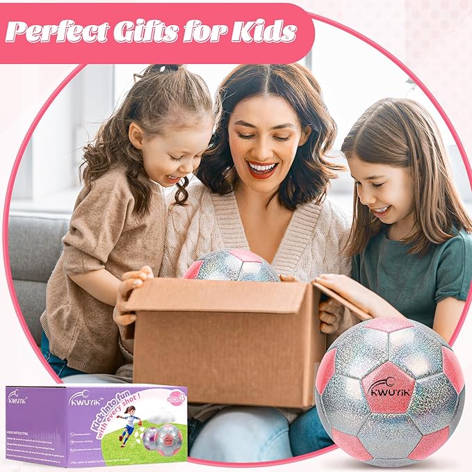 Soccer Ball Size 3 4 5 Glitter Pink Purple Silver with Pump Toddler Soccer Ball for Kids Aged 3-6 6-8 8-12 Outdoor Training Ball for Girls Boys Children Youth Teens