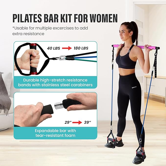 Upgraded Pilates Bar Kit – 39” Adjustable Exercise Equipment for Men, Women with 6X 20, 30, 40 lbs Resistance Bands with Adjustment Buckle – Pilates Equipment for Home Workouts for All Fitness Levels