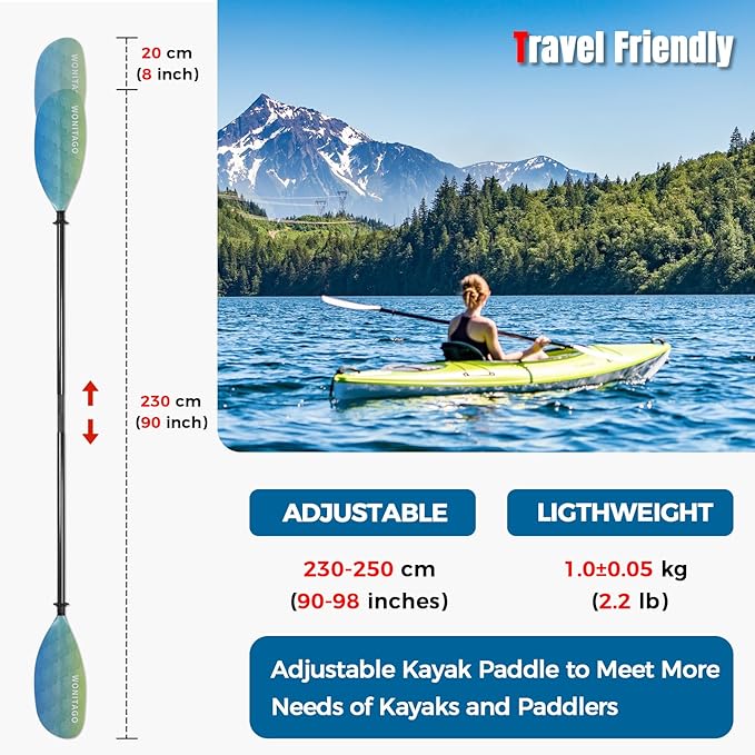 Kayak Paddle Carbon Fiber Shaft and Reinforced Nylon Blade, Adjustable Kayaking Oars, 3 Piece, 230-250 cm/90-98 Inches,210-230 cm/82-90 inches