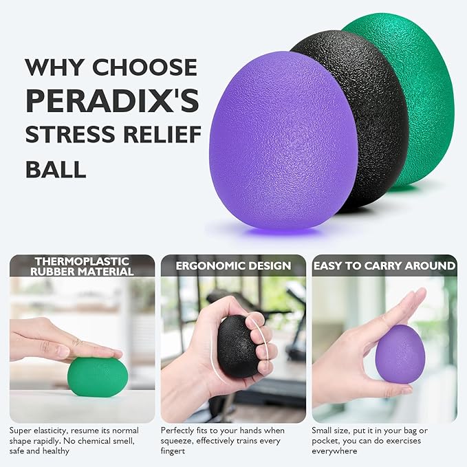 Peradix Hand Grip Strength Trainer, Stress Relief Ball, Wrist Rehab Therapy Hand Grip Equipment Ball Squishy Tools - Set of 3 Finger Resistance Exercise Squeezer