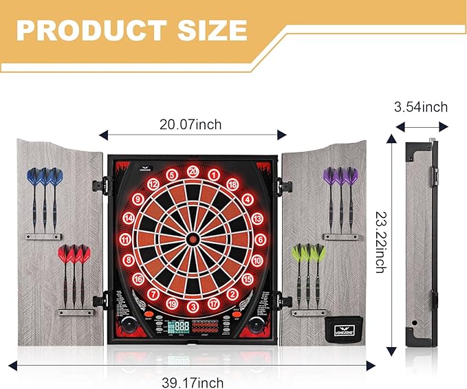 Lieutenant General Electronic Dartboard Cabinet,18 Puzzle Cabinet,Electronic Dartboard for Adult,34 Games 355 Variations with 12 Soft Tip Darts,Dartboard Cabinet for Game Rooms (Orange)