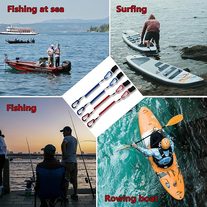 4 Pack Heavy Duty Kayak Paddle Leash & Retractable Fishing Lanyard, Coiled Rod Tether with Belt Clip for Kayaking, Paddle Board Accessories (Red/Blue)