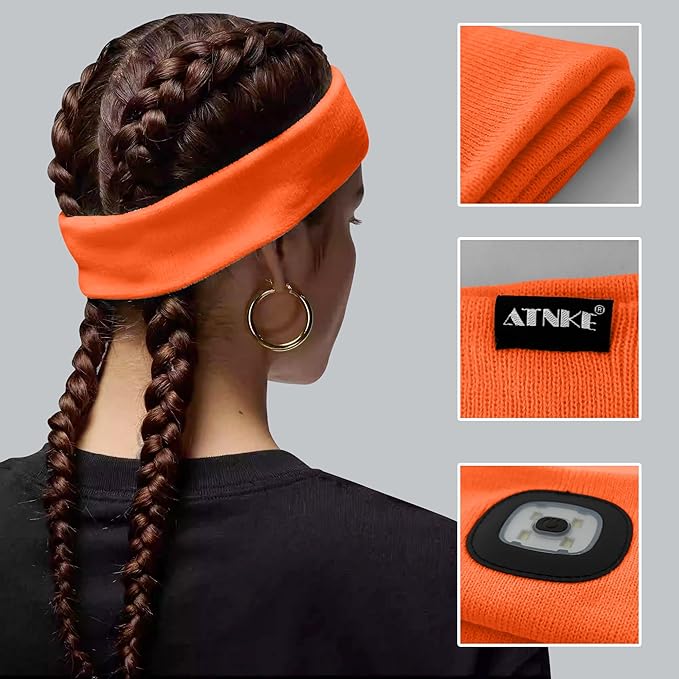 ATNKE 4 LED Lighted Sport Sweatband,USB Rechargeable Running Head Band Lamp High Stretch Wicking Gifts for Men and Women