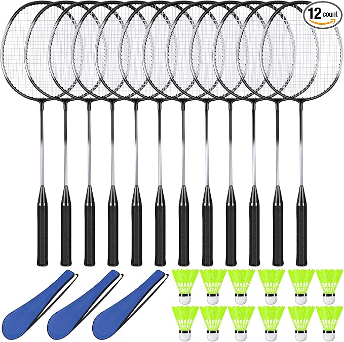12 Pack Badminton Rackets Set Including Rackets, Nylon Shuttlecocks and Carry Bag for Outdoor Backyard Games Beginners