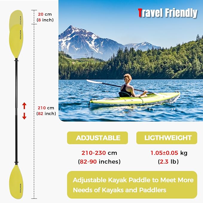 Kayak Paddle with Fiberglass Shaft and Reinforced Nylon Blade, Adjustable Kayaking Oars, 3 Piece, 230-250 cm/90-98 inches, 210-230 cm/82-90 inches