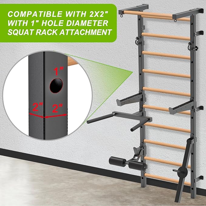 Wood Stall Bar, 2"x2" Swedish Ladder with 1" Hole, 11 Strategic Rods, Wall Mounted Suspension Trainer for Home, Gym, School and Clinic