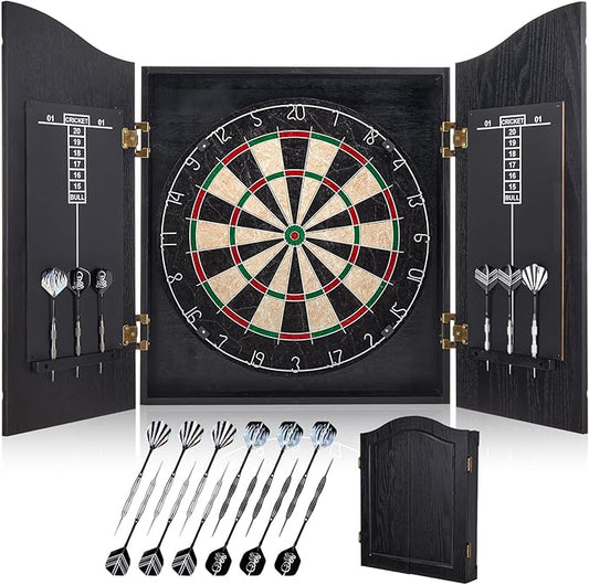 Sisal Dart Board Cabinet Sets, Decorative Dart Boards for Adults [12*Steel Darts] - Wooden Dartboard Cabinet with Integrated Scoreboard for Family Game Rooms