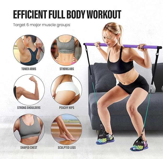 Upgraded Pilates Bar Kit – 39” Adjustable Exercise Equipment for Men, Women with 6X 20, 30, 40 lbs Resistance Bands with Adjustment Buckle – Pilates Equipment for Home Workouts for All Fitness Levels