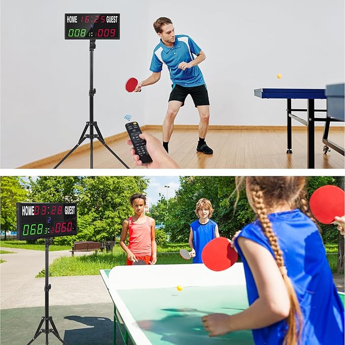 Samshow 2025 LED Electronic Scoreboard Digital Score Keeper with Remote & Tripod, Basketball Scoreboard with Shot Clock & Timer & 12/24h Real Time for Outdoor Yard Games/Corn Hole/ping Pong/Pickleball