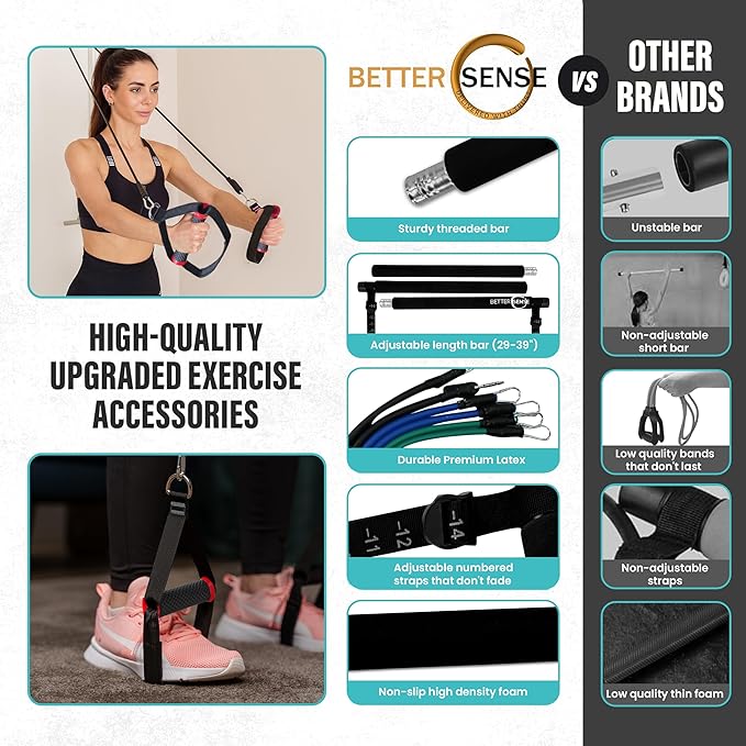 Upgraded Pilates Bar Kit – 39” Adjustable Exercise Equipment for Men, Women with 6X 20, 30, 40 lbs Resistance Bands with Adjustment Buckle – Pilates Equipment for Home Workouts for All Fitness Levels