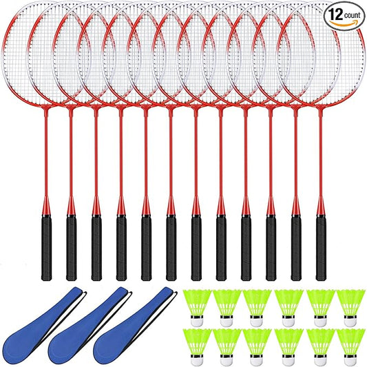 12 Pack Badminton Rackets Set Including Rackets, Nylon Shuttlecocks and Carry Bag for Outdoor Backyard Games Beginners