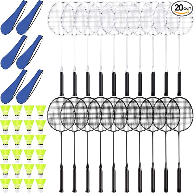 20 Pcs Badminton Rackets Set with 24 Shuttlecocks and 6 Carrying Bags, Sturdy Lightweight Badminton Rackets Racquet for Adults Beginners Indoor Outdoor Backyards