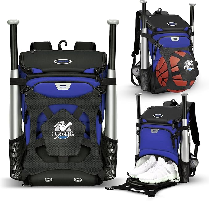 Baseball Backpack for Adult and Youth, Large Capacity Lightweight Softball Bag With Shoe Compartment and Fence Hook for TBall Bat & Equipment, Waterproof for Helmet, Gloves