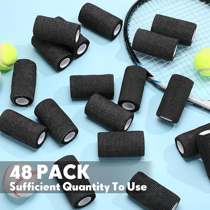 Treela 48 Pack Self Adhesive Wrap Bandage Bulk, Self Adherent Cohesive Bandage Elastic Athletic Tape Breathable Wound Tape for Stretch Athletic Sports Wrist Ankle(Black,4 Inches X 5 Yards)