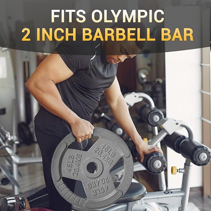 BalanceFrom Tri-Grip Cast Iron Weight Plates Set, 2-Inch Center Hole, Gray Color, for Home Gym, Weightlifting, and strength Training