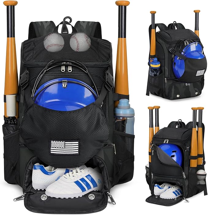 RAINSMORE Baseball Backpack, Lightweight Softball Bag with Shoe Compartment Baseball Bag for Youth & Adult Softball Bat Bag with Fence Hook Helmet Holder Sports Backpack for T-Ball