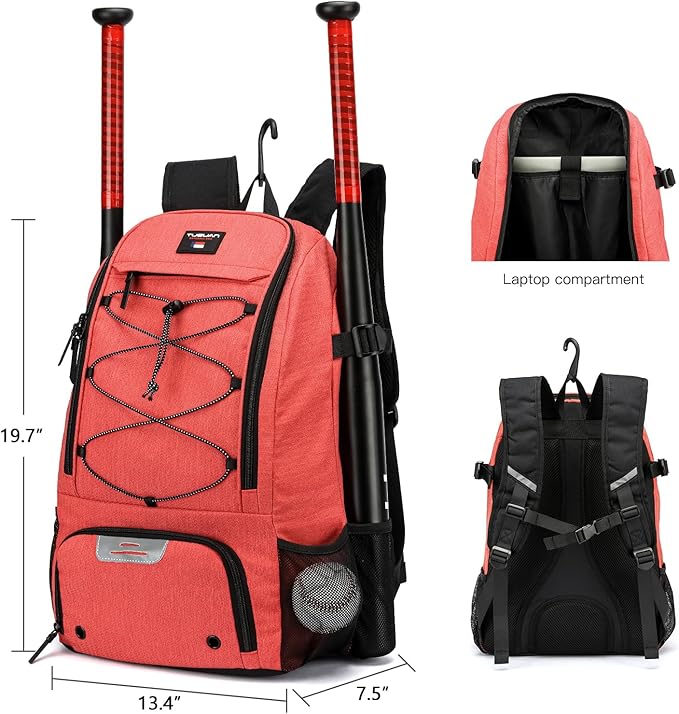 TUGUAN Baseball Bags for Adults Mens with Fence Hook, Laptop Compartment, Shoes Compartment & Glove Holder Portable Youth Boys Softball Backpack Coaches Catchers Team Equipment Gear Bags