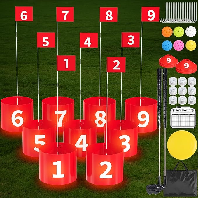 FOOING Golf Game LED with 2 Clubs, 9 Hole Practice Golf Backyard Game Set for Adults and Family Outdoor Indoor, Plastic Battle Yard Game with Balls and Flag for Lawn, Beach, Camping and Park