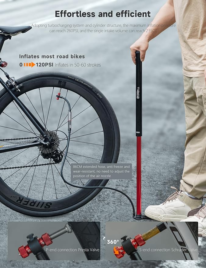 Tiakia Bike Pump with Gauge, High Pressure Bicycle Pump High Volume Portable Hand Air Pump Fit Presta, Schrader Valves Aluminum Bike Tire Pump for Mountain Road Bike, Strollers, Balls