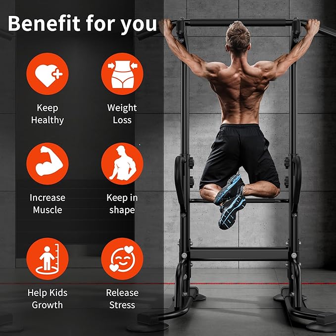 SogesHome Power Tower 11 Height Adjustable Pull Up Bar and Dip Station Multi-Function Strength Training Fitness Equipment for Home Office Gym