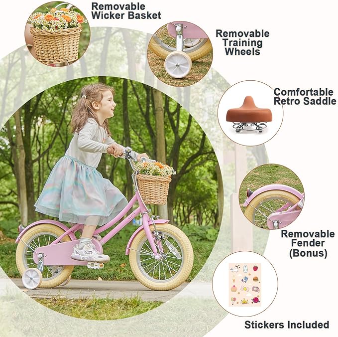 Glerc Little Molly 12-20 Inch Kids Retro Cruiser Bike for 2-13 Year Old with Wicker Basket & Training Wheels/Kickstand, Multiple Colors