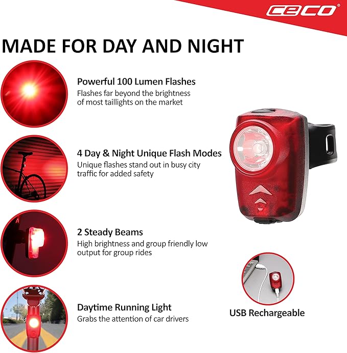 CECO-USA: 100 Lumen USB Rechargeable Bike Tail Light - Super Bright Model T100 Bicycle Rear Light - IP67 Waterproof, FL-1 Impact Resistant - Red Safety Light - Pro Grade Quality Bike Tail Light