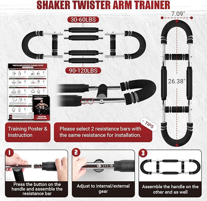 Twister Arm Trainer, Adjustable Twister Arm Chest Exerciser with 2/4 Spring & Training Poster for Men & Women, Detachable Power Twister Home Fitness Equipment for Enhancing Upper Body Muscle