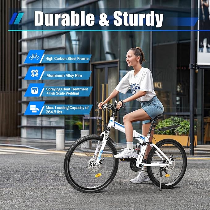 DHBREK Adult Folding Bikes 26'' Mountain Bikes 21 Speeds Mountain Bicycles Mountain Bike for Adults with Dual Disc Brake/High-Carbon Steel Folding Bicycle for Women Men Adults