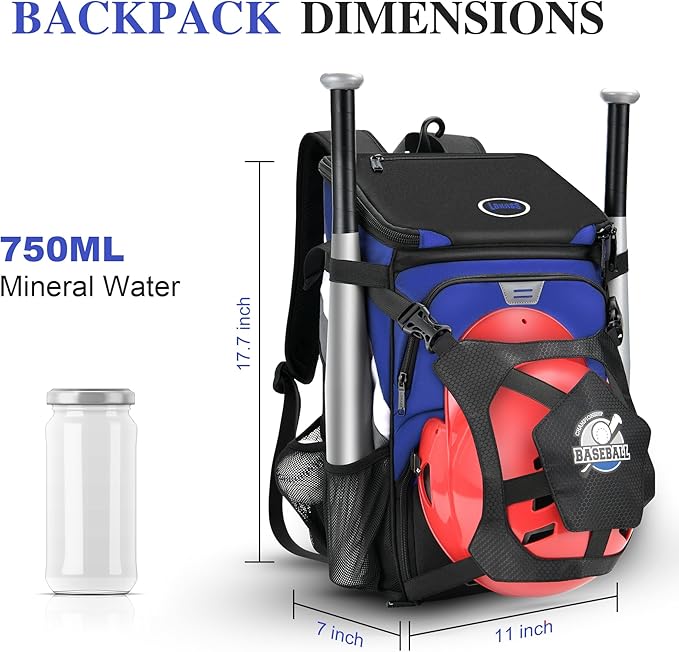 Baseball Backpack for Adult and Youth, Large Capacity Lightweight Softball Bag With Shoe Compartment and Fence Hook for TBall Bat & Equipment, Waterproof for Helmet, Gloves