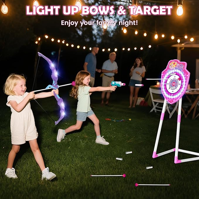 VATOS 2 Pack Bow and Arrow Toy with LED Light - 4 in 1 Archery & Dart Game Set with 20 Suction Cup Arrows, Mermaid Glow Target & Dart Board - Indoor/Outdoor Birthday Gift for Kids Boys Girls Ages 5-12