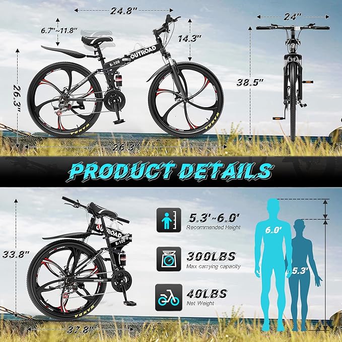 Betterland 26 Inch Folding Mountain Bike, 21 Speeds Full Suspension Foldable Bikes, Dual Disc Brake, High Carbon Steel Frame and Non-Slip Quick Release tire Bicycle for Adult