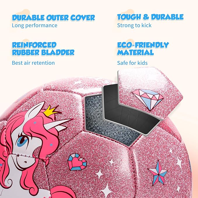 Kids Soccer Ball Size 2 Size 3 Size 4 Glitter Unicorn Dinosaur- For Toddlers Kids Age 1-3 3-8 8-12 - Sports & Outdoors Ball Inflatable with Pump - Gift for Girls Boys Children Youth School Birthday