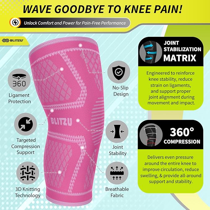 Knee Brace for Women & Men, 2 Pack Compression Knee Brace, Knee Support Sleeve for Pain Relief, Running, Workout, Sports, Knee Braces for ACL, Meniscus Tear, Arthritis and Injury Recovery Pink M