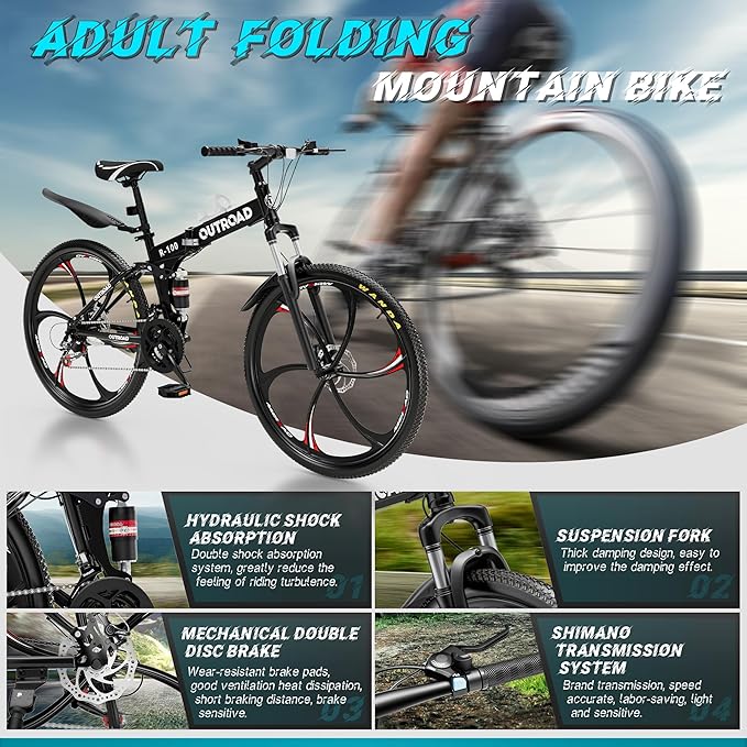 Betterland 26 Inch Folding Mountain Bike, 21 Speeds Full Suspension Foldable Bikes, Dual Disc Brake, High Carbon Steel Frame and Non-Slip Quick Release tire Bicycle for Adult