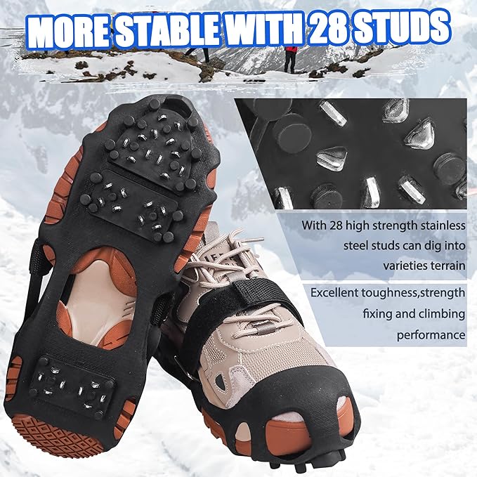 Ice Cleats Snow Traction Cleats for Boots and Shoes 28 Studs Ice Crampons for Walking on Snow and Ice Anti Slip Coershoe Rubber Ice Grippers Slip-on Stretch Footwaer
