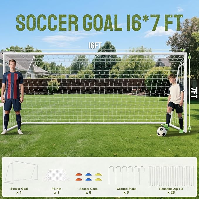 Docred 6x4/8x6/10x6.5/12x6/16x7ft Soccer Goals, Foldable Steel Soccer Goal for Backyard, Weatherproof Metal Soccer Goal for Teens/Adults Practice Training