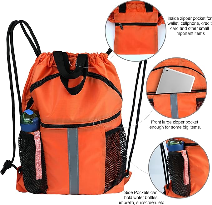 BeeGreen Drawstring Backpack Bag with Shoe Compartment, X-Large Black Gym Sports String Cinch Backpack