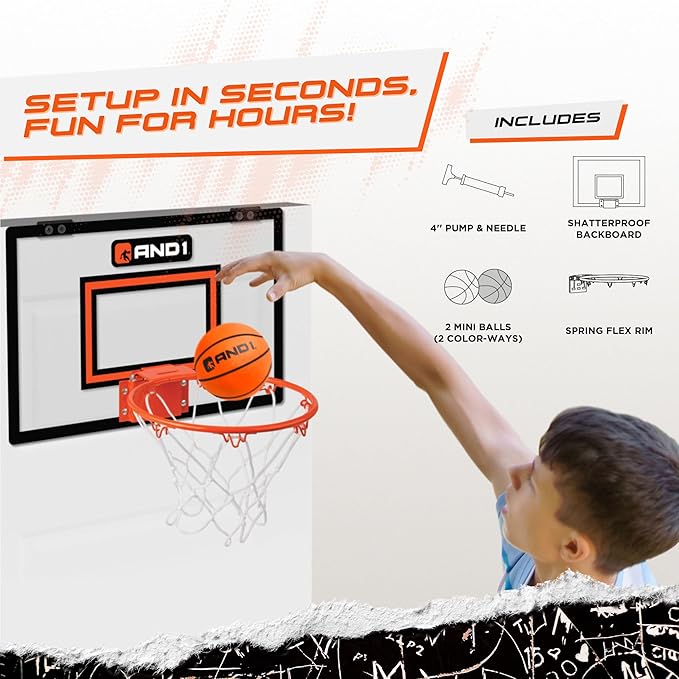 AND1 Over the Door Mini Basketball Hoop: 18x12 Shatterproof Backboard, 2 Mini Basketballs, and Hand Pump Included- Ultimate Indoor Basketball Accessory for Kids and Adults, No Tools Required