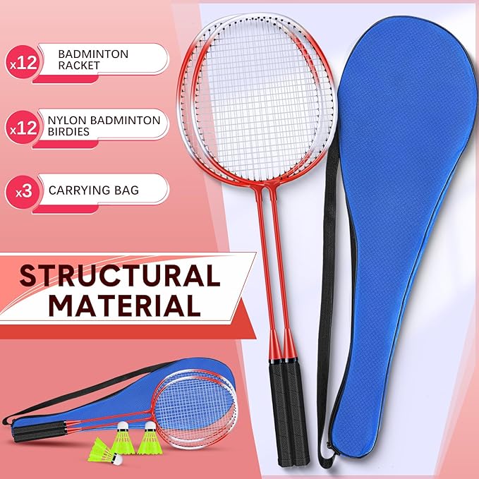 12 Pack Badminton Rackets Set Including Rackets, Nylon Shuttlecocks and Carry Bag for Outdoor Backyard Games Beginners