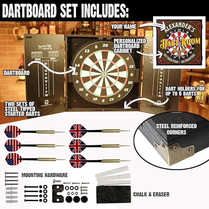 THOUSAND OAKS BARREL CO. | Personalized Dartboard & Cabinet Set with 6 Steel Tip Darts