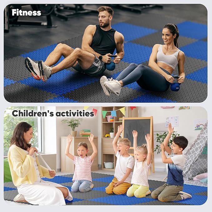 Home Gym Mat, Puzzle Exercise Mat, of EVA Interlocking Foam Floor Tiles for Home Workout Equipment and Kids' Play Areas - Blue, 24 in x 24 in x ½ in - 16 Tiles (Blue, 16 Pack 64 sq ft)